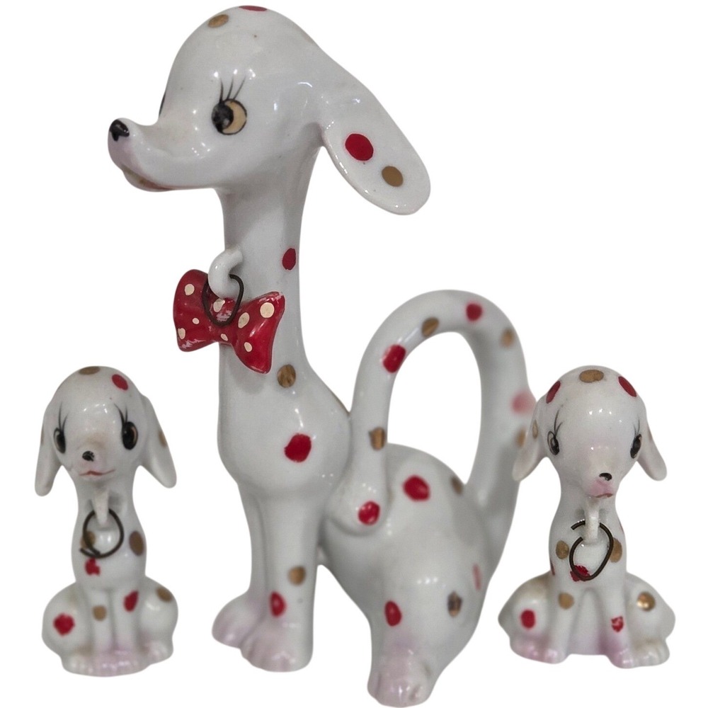 Vintage Japan Ceramic Dog Family Figurine Set Red Gold Polka Dot MCM Kitsch 3pc